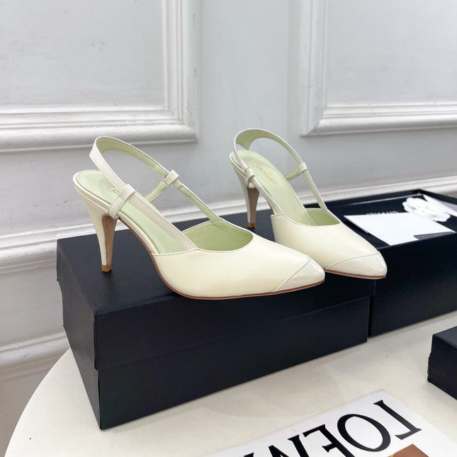 CHANEL 26S POINTED TOE SLINGBACK PUMPS 90 MM IN WHITE LAMBSKIN