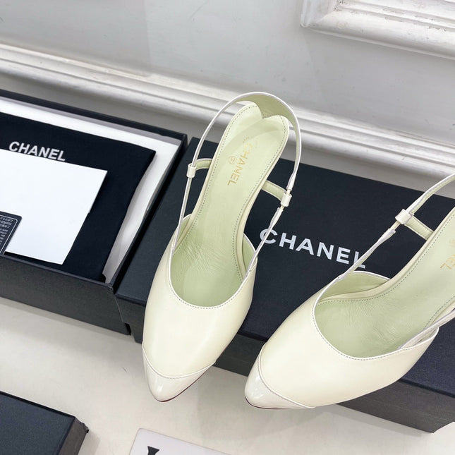 CHANEL 26S POINTED TOE SLINGBACK PUMPS 90 MM IN WHITE LAMBSKIN