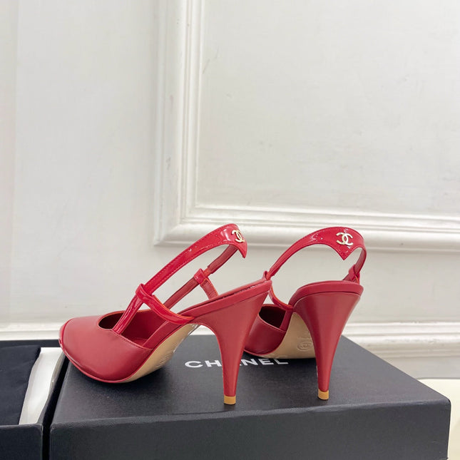 CHANEL 26S POINTED TOE SLINGBACK PUMPS 90 MM IN RED LAMBSKIN