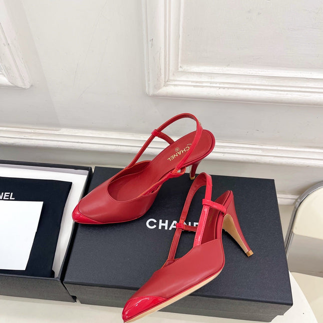 CHANEL 26S POINTED TOE SLINGBACK PUMPS 90 MM IN RED LAMBSKIN