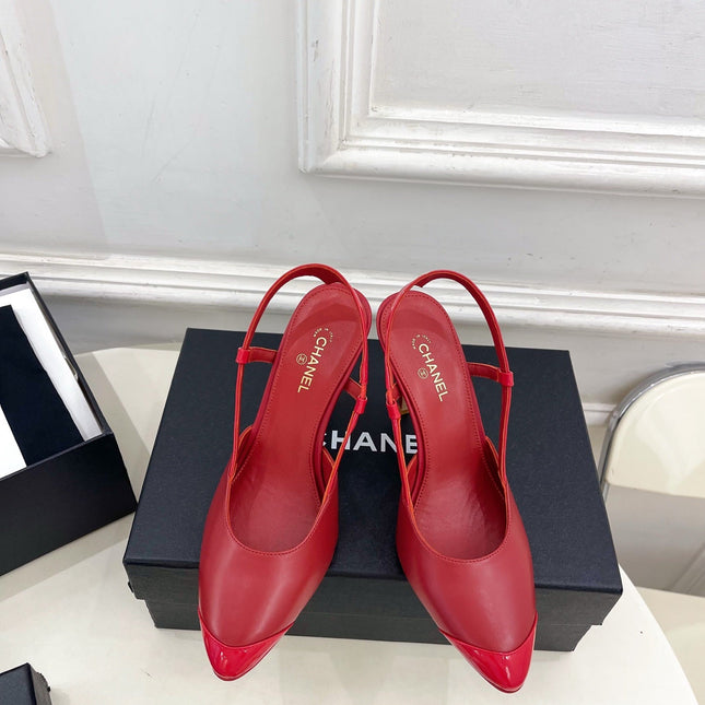 CHANEL 26S POINTED TOE SLINGBACK PUMPS 90 MM IN RED LAMBSKIN