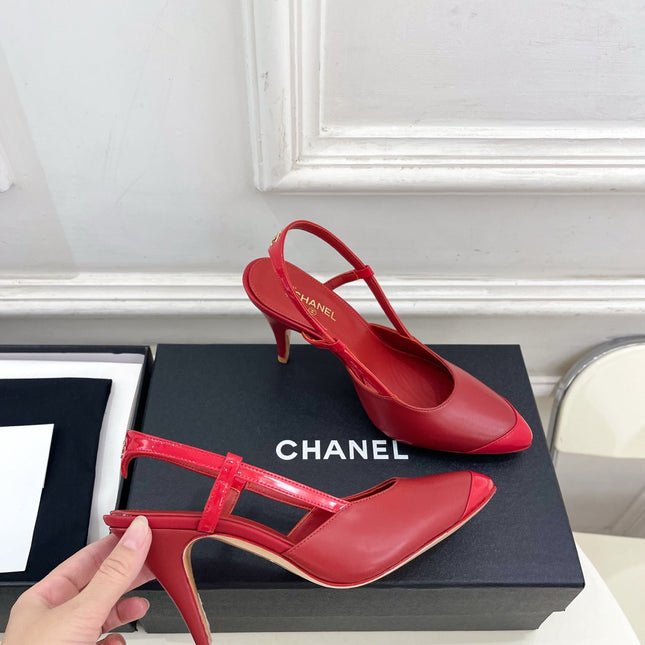 CHANEL 26S POINTED TOE SLINGBACK PUMPS 90 MM IN RED LAMBSKIN