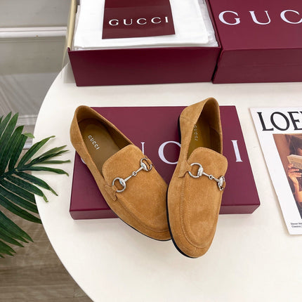 GUCCI 26S LOAFERS MM IN CAMEL BROWN SUEDE WITH SILVER HARDWARE