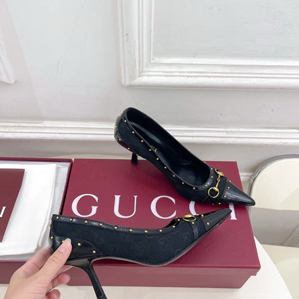GUCCI 26S HIGH HEELS 75 MM IN BLACK CANVAS GG LOGO PATTERN