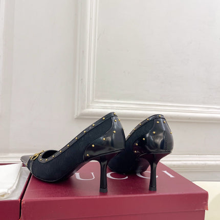 GUCCI 26S HIGH HEELS 75 MM IN BLACK CANVAS GG LOGO PATTERN