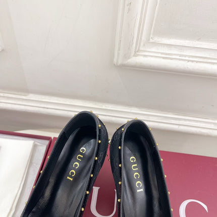 GUCCI 26S HIGH HEELS 75 MM IN BLACK CANVAS GG LOGO PATTERN