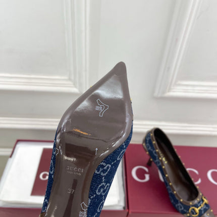 GUCCI 26S HIGH HEELS 75 MM IN BLUE DENIM GG LOGO PATTERN