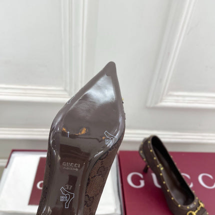 GUCCI 26S HIGH HEELS 75 MM IN DARK BROWN CANVAS GG LOGO PATTERN
