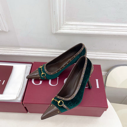 GUCCI 26S HIGH HEELS 75 MM IN DARK GREEN VELVET GG LOGO PATTERN