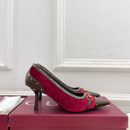 GUCCI 26S HIGH HEELS 75 MM IN DARK RED VELVET GG LOGO PATTERN