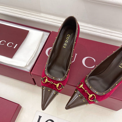GUCCI 26S HIGH HEELS 75 MM IN DARK RED VELVET GG LOGO PATTERN