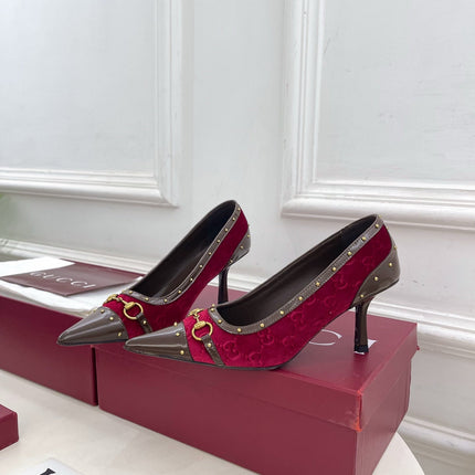 GUCCI 26S HIGH HEELS 75 MM IN DARK RED VELVET GG LOGO PATTERN