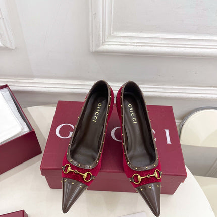 GUCCI 26S HIGH HEELS 75 MM IN DARK RED VELVET GG LOGO PATTERN