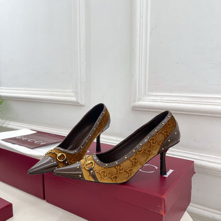 GUCCI 26S HIGH HEELS 75 MM IN CAMEL BROWN VELVET GG LOGO PATTERN