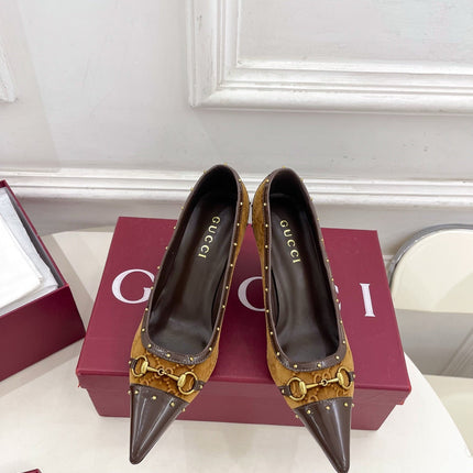 GUCCI 26S HIGH HEELS 75 MM IN CAMEL BROWN VELVET GG LOGO PATTERN