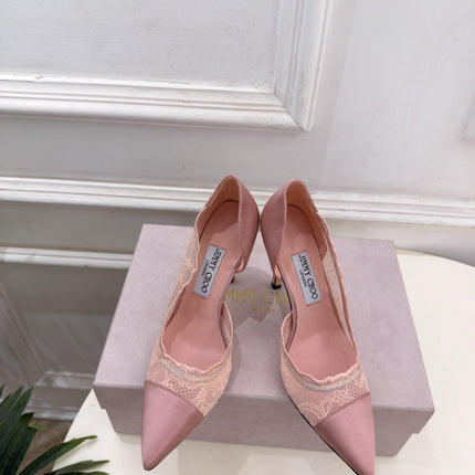JIMMY CHOO 26S POINTED-TOE HEELS 100 MM IN LIGHT PINK SATIN AND LACE