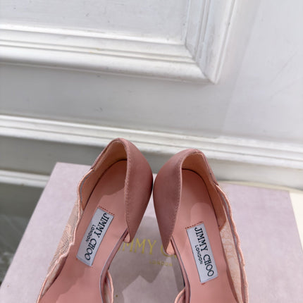JIMMY CHOO 26S POINTED-TOE HEELS 100 MM IN LIGHT PINK SATIN AND LACE
