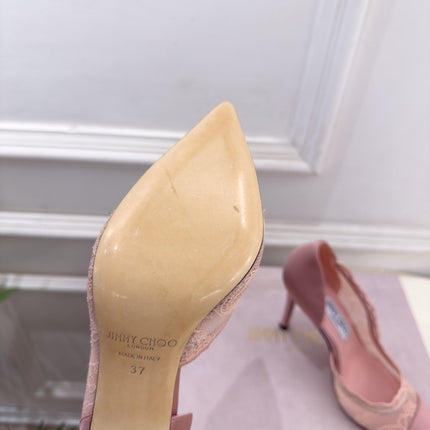 JIMMY CHOO 26S POINTED-TOE HEELS 100 MM IN LIGHT PINK SATIN AND LACE