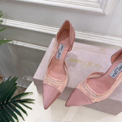 JIMMY CHOO 26S POINTED-TOE HEELS 100 MM IN LIGHT PINK SATIN AND LACE