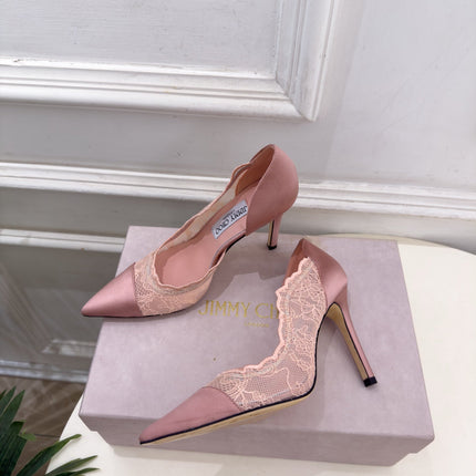 JIMMY CHOO 26S POINTED-TOE HEELS 100 MM IN LIGHT PINK SATIN AND LACE