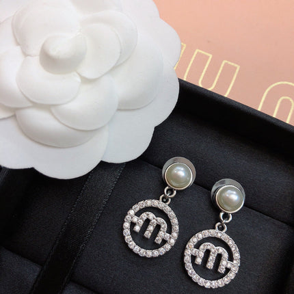 MIUMIU 26S PEARL DROP CRYSTAL LOGO CIRCLE EARRINGS IN SILVER TONE METAL 615772