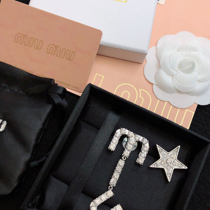 MIUMIU 26S CRYSTAL LOGO DROP EARRING AND STAR STUD EARRING SET IN SILVER TONE METAL 630843