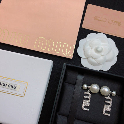 MIUMIU 26S CRYSTAL LOGO PEARL DROP EARRINGS IN SILVER TONE METAL 620414