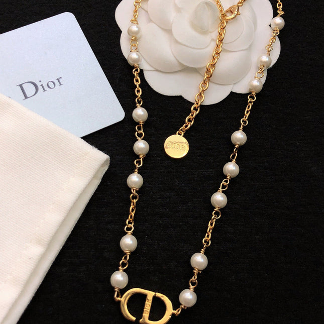 CD 26S CD LOGO PEARL CHAIN NECKLACE IN GOLD TONE METAL WITH WHITE PEARL 631005