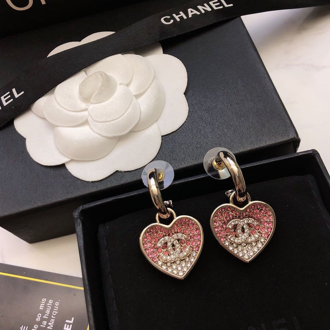 CHANEL 26S DOUBLE C LOGO TWO-TONE PAVE CRYSTAL HEART DROP HOOP EARRINGS IN GOLD METAL 631080