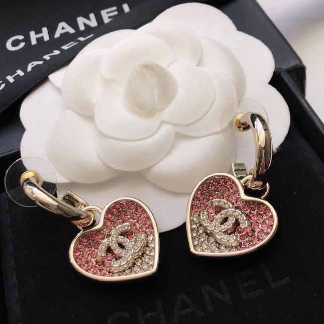 CHANEL 26S DOUBLE C LOGO TWO-TONE PAVE CRYSTAL HEART DROP HOOP EARRINGS IN GOLD METAL 631080