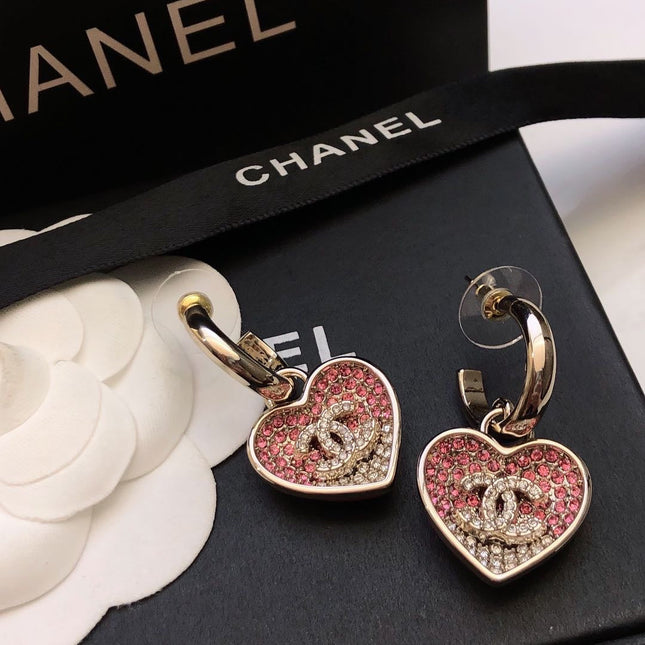 CHANEL 26S DOUBLE C LOGO TWO-TONE PAVE CRYSTAL HEART DROP HOOP EARRINGS IN GOLD METAL 631080