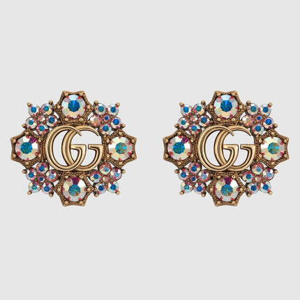 GUCCI 26S DOUBLE G LOGO MULTICOLOR CRYSTAL FLORAL STATEMENT STUD EARRINGS IN AGED GOLD TONE METAL 629028