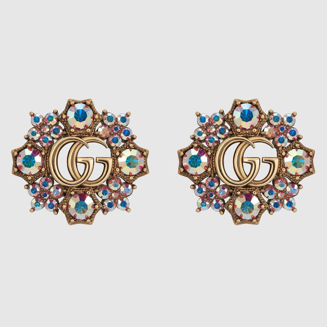 GUCCI 26S DOUBLE G LOGO MULTICOLOR CRYSTAL FLORAL STATEMENT STUD EARRINGS IN AGED GOLD TONE METAL 629028