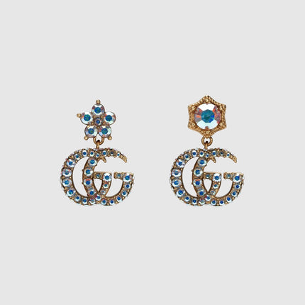 GUCCI 26S DOUBLE G LOGO MULTICOLOR CRYSTAL DROP STATEMENT EARRINGS IN AGED GOLD TONE METAL 629027