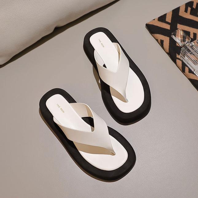 THE ROW 26S GINZA THONG SANDALS IN WHITE CALFSKIN AND BLACK SUEDE