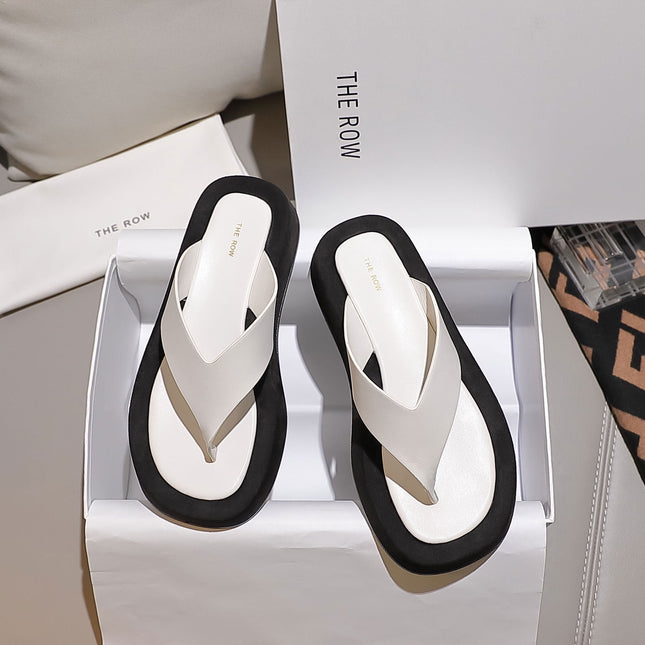 THE ROW 26S GINZA THONG SANDALS IN WHITE CALFSKIN AND BLACK SUEDE