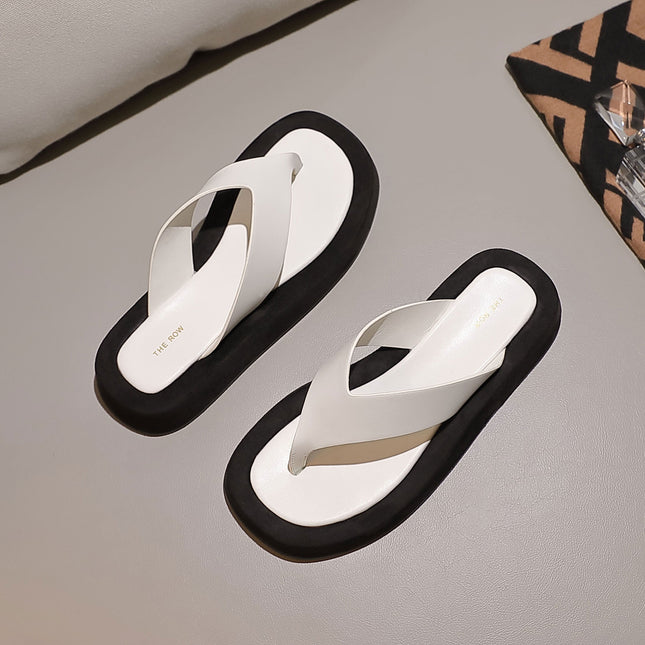 THE ROW 26S GINZA THONG SANDALS IN WHITE CALFSKIN AND BLACK SUEDE