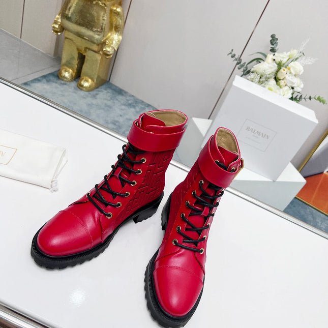 BALMAIN 26S BOOTS IN RED CALFSKIN AND SUEDE