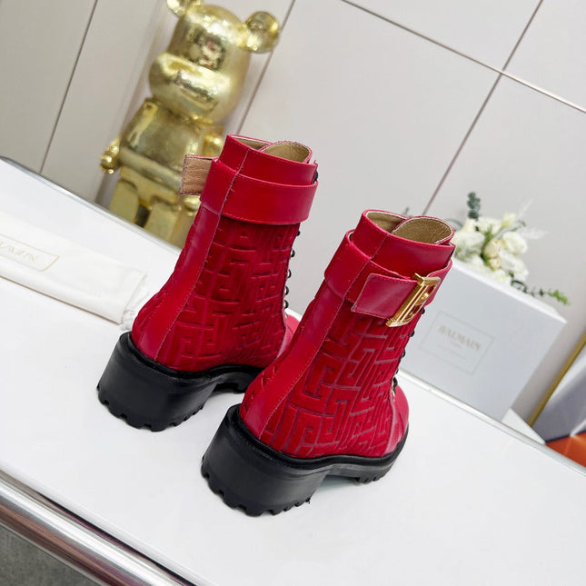 BALMAIN 26S BOOTS IN RED CALFSKIN AND SUEDE