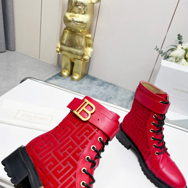 BALMAIN 26S BOOTS IN RED CALFSKIN AND SUEDE