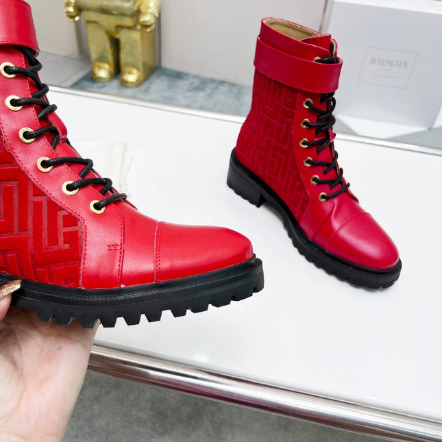 BALMAIN 26S BOOTS IN RED CALFSKIN AND SUEDE