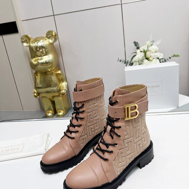 BALMAIN 26S BOOTS IN NUDE BEIGE CALFSKIN AND SUEDE