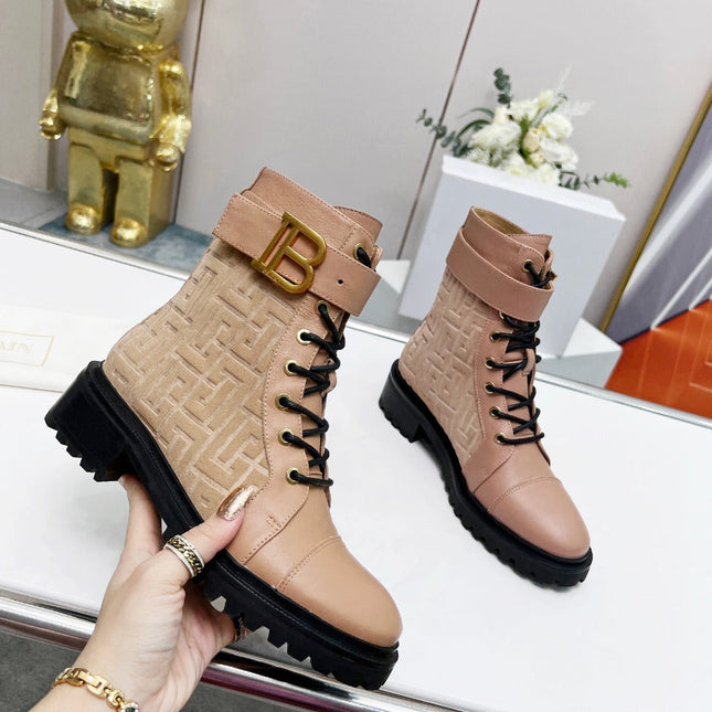 BALMAIN 26S BOOTS IN NUDE BEIGE CALFSKIN AND SUEDE