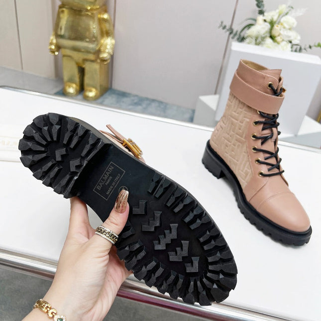 BALMAIN 26S BOOTS IN NUDE BEIGE CALFSKIN AND SUEDE