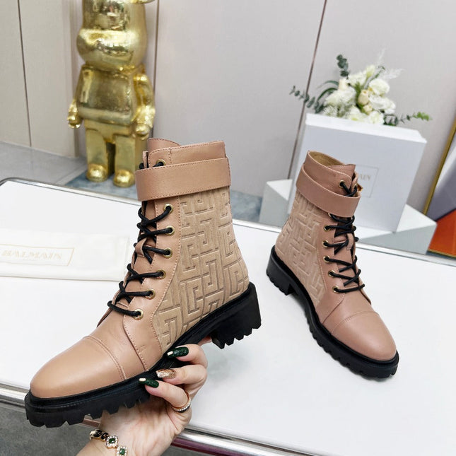 BALMAIN 26S BOOTS IN NUDE BEIGE CALFSKIN AND SUEDE