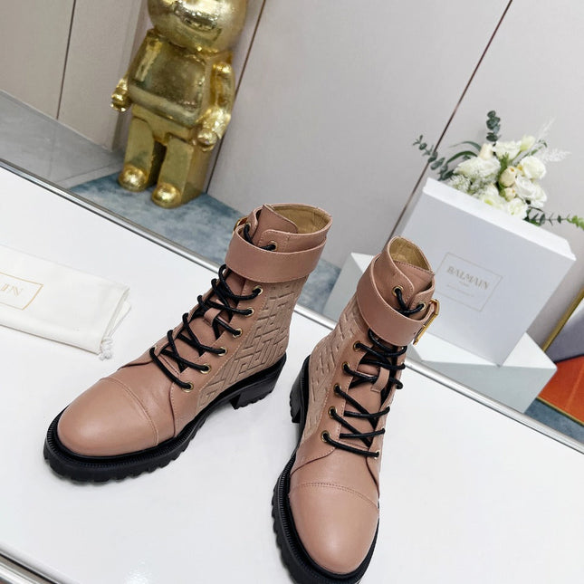 BALMAIN 26S BOOTS IN NUDE BEIGE CALFSKIN AND SUEDE