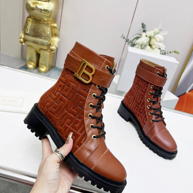 BALMAIN 26S BOOTS IN RUST BROWN CALFSKIN AND SUEDE