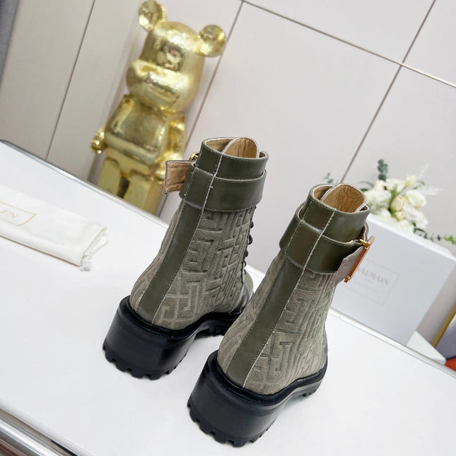 BALMAIN 26S BOOTS IN MOSS GREEN CALFSKIN AND SUEDE