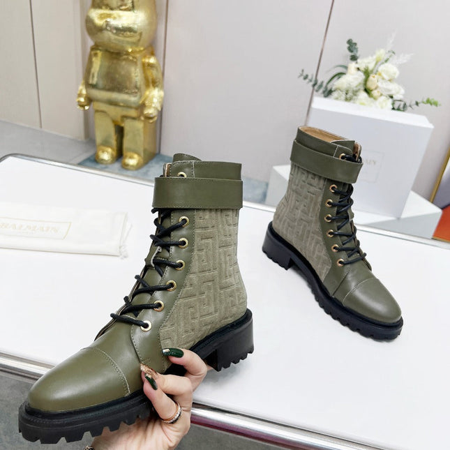 BALMAIN 26S BOOTS IN MOSS GREEN CALFSKIN AND SUEDE