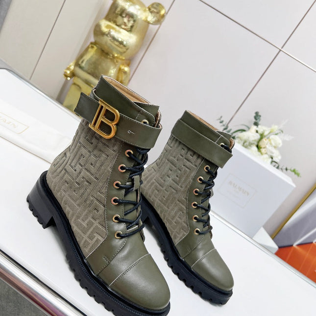 BALMAIN 26S BOOTS IN MOSS GREEN CALFSKIN AND SUEDE